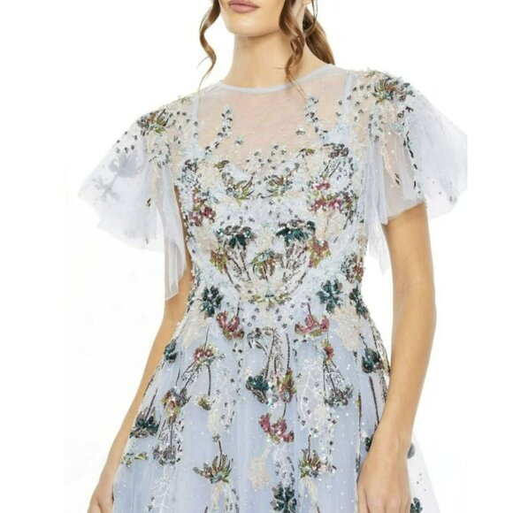Mac Duggal Floral Sequins Formal Gown Flutter Sleeves Tulle Sz 10 NWT - Picture 3 of 11